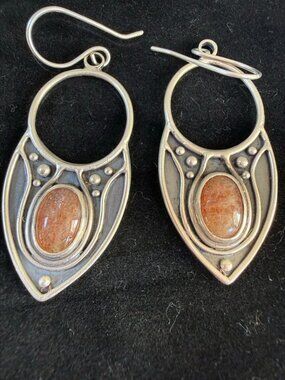 Acid Queen OOAK Voyager Shield Earrings Sunstone Sterling Silver Chandelier